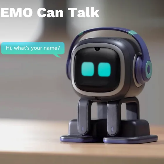 EMO robot on a desk — EMO can talk, greet you and answer questions